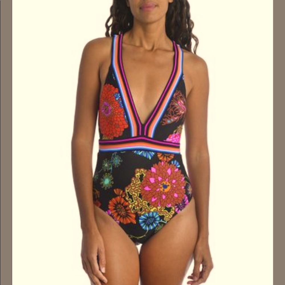 Black Floral & Stripe Bandeau One-Piece - Women